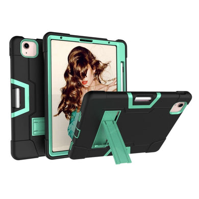 For iPad Air 2022 / 2020 10.9 Contrast Color Robot Shockproof Silicon + PC Protective Case with Holder & Pen Slot(Black + Mint Green)