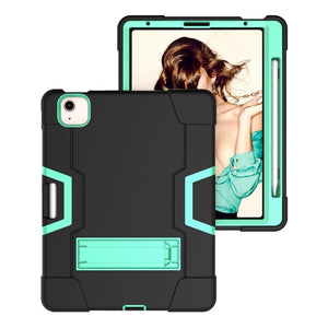 For iPad Air 2022 / 2020 10.9 Contrast Color Robot Shockproof Silicon + PC Protective Case with Holder & Pen Slot(Black + Mint Green)