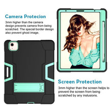 For iPad Air 2022 / 2020 10.9 Contrast Color Robot Shockproof Silicon + PC Protective Case with Holder & Pen Slot(Black + Mint Green)