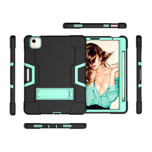 For iPad Air 2022 / 2020 10.9 Contrast Color Robot Shockproof Silicon + PC Protective Case with Holder & Pen Slot(Black + Mint Green)