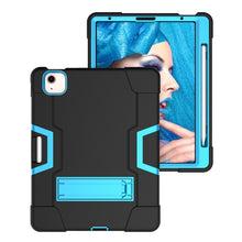For iPad Air 2022 / 2020 10.9 Contrast Color Robot Shockproof Silicon + PC Protective Case with Holder & Pen Slot(Black + Blue)