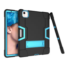 For iPad Air 2022 / 2020 10.9 Contrast Color Robot Shockproof Silicon + PC Protective Case with Holder & Pen Slot(Black + Blue)