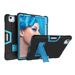 For iPad Air 2022 / 2020 10.9 Contrast Color Robot Shockproof Silicon + PC Protective Case with Holder & Pen Slot(Black + Blue)