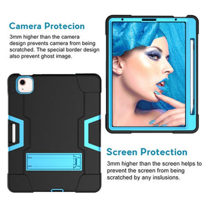 For iPad Air 2022 / 2020 10.9 Contrast Color Robot Shockproof Silicon + PC Protective Case with Holder & Pen Slot(Black + Blue)