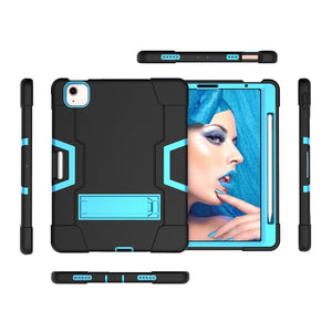 For iPad Air 2022 / 2020 10.9 Contrast Color Robot Shockproof Silicon + PC Protective Case with Holder & Pen Slot(Black + Blue)