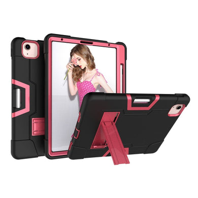 For iPad Air 2022 / 2020 10.9 Contrast Color Robot Shockproof Silicon + PC Protective Case with Holder & Pen Slot(Black + Rose Red)