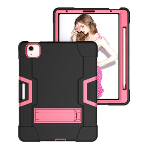 For iPad Air 2022 / 2020 10.9 Contrast Color Robot Shockproof Silicon + PC Protective Case with Holder & Pen Slot(Black + Rose Red)