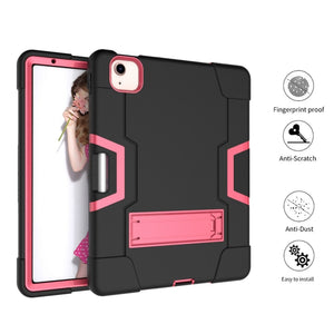 For iPad Air 2022 / 2020 10.9 Contrast Color Robot Shockproof Silicon + PC Protective Case with Holder & Pen Slot(Black + Rose Red)