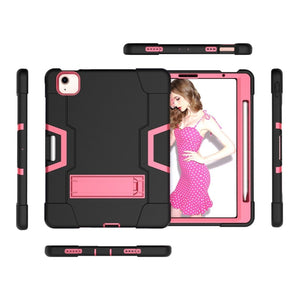 For iPad Air 2022 / 2020 10.9 Contrast Color Robot Shockproof Silicon + PC Protective Case with Holder & Pen Slot(Black + Rose Red)
