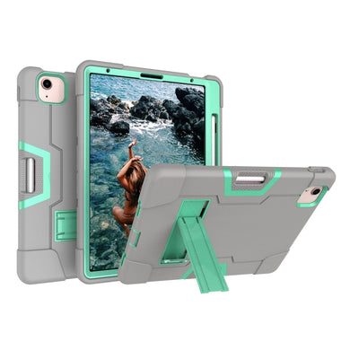 For iPad Air 2022 / 2020 10.9 Contrast Color Robot Shockproof Silicon + PC Protective Case with Holder & Pen Slot(Grey + Mint Green)
