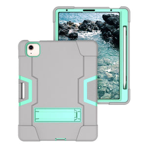 For iPad Air 2022 / 2020 10.9 Contrast Color Robot Shockproof Silicon + PC Protective Case with Holder & Pen Slot(Grey + Mint Green)