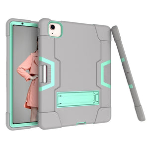 For iPad Air 2022 / 2020 10.9 Contrast Color Robot Shockproof Silicon + PC Protective Case with Holder & Pen Slot(Grey + Mint Green)