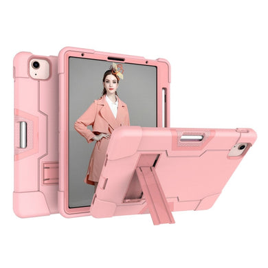For iPad Air 2022 / 2020 10.9 Contrast Color Robot Shockproof Silicon + PC Protective Case with Holder & Pen Slot(Rose Gold)