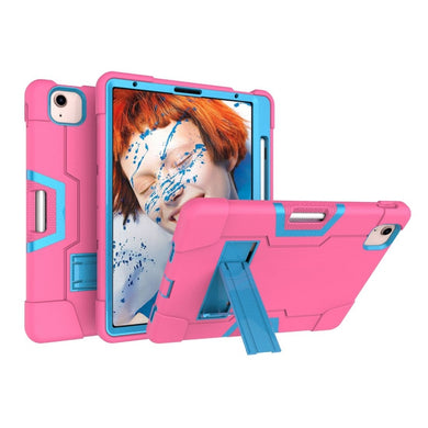 For iPad Air 2022 / 2020 10.9 Contrast Color Robot Shockproof Silicon + PC Protective Case with Holder & Pen Slot(Rose Red + Blue)