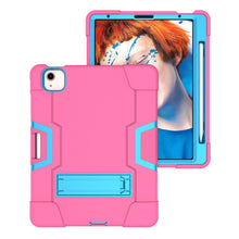 For iPad Air 2022 / 2020 10.9 Contrast Color Robot Shockproof Silicon + PC Protective Case with Holder & Pen Slot(Rose Red + Blue)