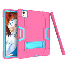For iPad Air 2022 / 2020 10.9 Contrast Color Robot Shockproof Silicon + PC Protective Case with Holder & Pen Slot(Rose Red + Blue)