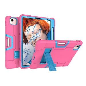 For iPad Air 2022 / 2020 10.9 Contrast Color Robot Shockproof Silicon + PC Protective Case with Holder & Pen Slot(Rose Red + Blue)