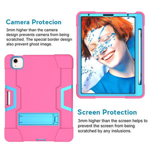 For iPad Air 2022 / 2020 10.9 Contrast Color Robot Shockproof Silicon + PC Protective Case with Holder & Pen Slot(Rose Red + Blue)