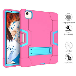 For iPad Air 2022 / 2020 10.9 Contrast Color Robot Shockproof Silicon + PC Protective Case with Holder & Pen Slot(Rose Red + Blue)