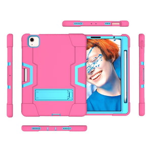 For iPad Air 2022 / 2020 10.9 Contrast Color Robot Shockproof Silicon + PC Protective Case with Holder & Pen Slot(Rose Red + Blue)