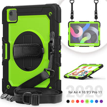 Shockproof Colorful Silicone + PC Protective Case with Holder & Shoulder Strap & Hand Strap & Pen Slot For iPad Air 2022 / 2020 10.9 (Black Yellow Green)