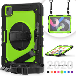 Shockproof Colorful Silicone + PC Protective Case with Holder & Shoulder Strap & Hand Strap & Pen Slot For iPad Air 2022 / 2020 10.9 (Black Yellow Green)