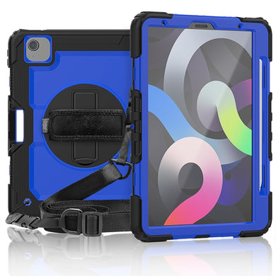 Shockproof Colorful Silicone + PC Protective Case with Holder & Shoulder Strap & Hand Strap & Pen Slot For iPad Air 2022 / 2020 10.9 (Black Blue)