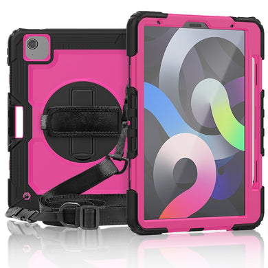 Shockproof Colorful Silicone + PC Protective Case with Holder & Shoulder Strap & Hand Strap & Pen Slot For iPad Air 2022 / 2020 10.9 (Black Rose Red)