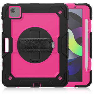 Shockproof Colorful Silicone + PC Protective Case with Holder & Shoulder Strap & Hand Strap & Pen Slot For iPad Air 2022 / 2020 10.9 (Black Rose Red)