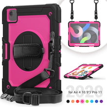 Shockproof Colorful Silicone + PC Protective Case with Holder & Shoulder Strap & Hand Strap & Pen Slot For iPad Air 2022 / 2020 10.9 (Black Rose Red)