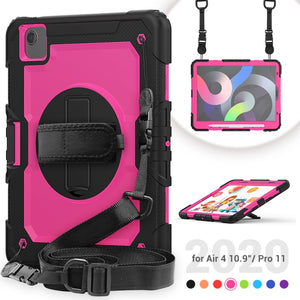 Shockproof Colorful Silicone + PC Protective Case with Holder & Shoulder Strap & Hand Strap & Pen Slot For iPad Air 2022 / 2020 10.9 (Black Rose Red)