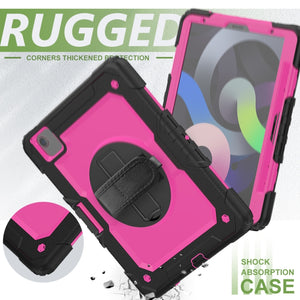 Shockproof Colorful Silicone + PC Protective Case with Holder & Shoulder Strap & Hand Strap & Pen Slot For iPad Air 2022 / 2020 10.9 (Black Rose Red)