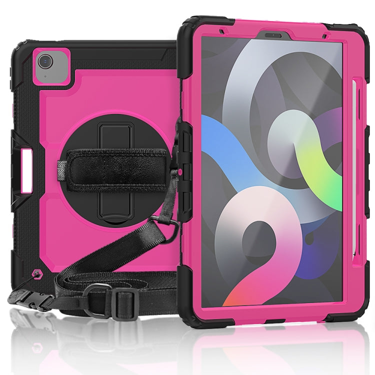 Shockproof Colorful Silicone + PC Protective Case with Holder & Shoulder Strap & Hand Strap & Pen Slot For iPad Air 2022 / 2020 10.9 (Black Rose Red)