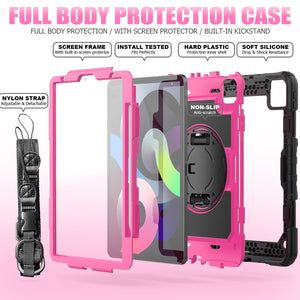 Shockproof Colorful Silicone + PC Protective Case with Holder & Shoulder Strap & Hand Strap & Pen Slot For iPad Air 2022 / 2020 10.9 (Black Rose Red)