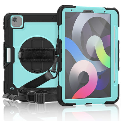Shockproof Colorful Silicone + PC Protective Case with Holder & Shoulder Strap & Hand Strap & Pen Slot For iPad Air 2022 / 2020 10.9 (Black Light Blue)