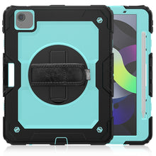 Shockproof Colorful Silicone + PC Protective Case with Holder & Shoulder Strap & Hand Strap & Pen Slot For iPad Air 2022 / 2020 10.9 (Black Light Blue)
