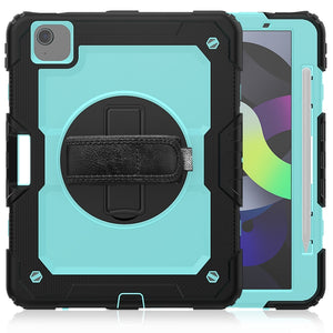 Shockproof Colorful Silicone + PC Protective Case with Holder & Shoulder Strap & Hand Strap & Pen Slot For iPad Air 2022 / 2020 10.9 (Black Light Blue)