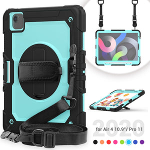 Shockproof Colorful Silicone + PC Protective Case with Holder & Shoulder Strap & Hand Strap & Pen Slot For iPad Air 2022 / 2020 10.9 (Black Light Blue)