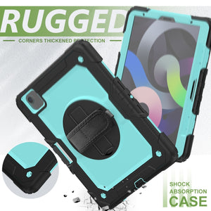 Shockproof Colorful Silicone + PC Protective Case with Holder & Shoulder Strap & Hand Strap & Pen Slot For iPad Air 2022 / 2020 10.9 (Black Light Blue)