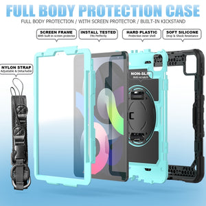 Shockproof Colorful Silicone + PC Protective Case with Holder & Shoulder Strap & Hand Strap & Pen Slot For iPad Air 2022 / 2020 10.9 (Black Light Blue)