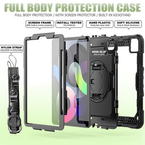 Shockproof Colorful Silicone + PC Protective Case with Holder & Shoulder Strap & Hand Strap & Pen Slot For iPad Air 2022 / 2020 10.9 (Black)