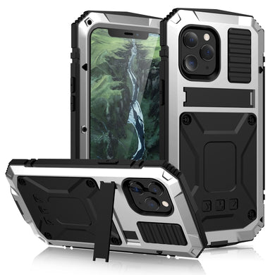 For iPhone 12 Pro Max R-JUST Shockproof Waterproof Dust-proof Metal + Silicone Protective Case with Holder(Silver)