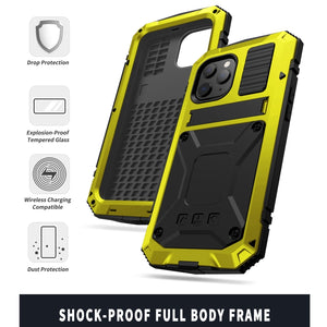 For iPhone 12 / 12 Pro R-JUST Shockproof Waterproof Dust-proof Metal + Silicone Protective Case with Holder(Yellow)