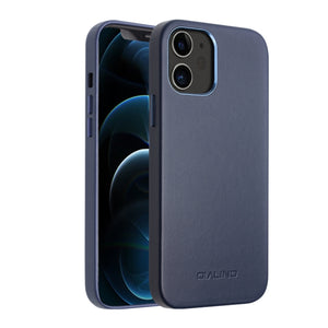 For iPhone 12 / 12 Pro QIALINO Shockproof Cowhide Leather Protective Case(Blue)