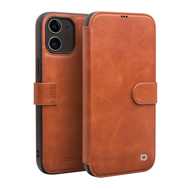 For iPhone 12 / 12 Pro QIALINO Business Magnetic Horizontal Flip Leather Case with Card Slots & Wallet(Light Brown)