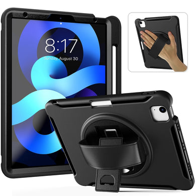 For iPad Air 2022 / 2020 10.9 360 Degree Rotation PC + TPU Protective Case with Holder & Hand-strap & Pen Slot(Black)