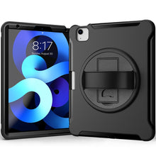 For iPad Air 2022 / 2020 10.9 360 Degree Rotation PC + TPU Protective Case with Holder & Hand-strap & Pen Slot(Black)
