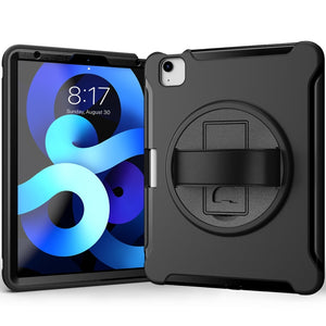 For iPad Air 2022 / 2020 10.9 360 Degree Rotation PC + TPU Protective Case with Holder & Hand-strap & Pen Slot(Black)