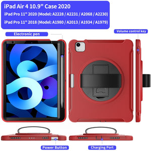 For iPad Air 2022 / 2020 10.9 360 Degree Rotation PC + TPU Protective Case with Holder & Hand-strap & Pen Slot(Red)