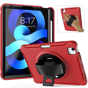 For iPad Air 2022 / 2020 10.9 360 Degree Rotation PC + TPU Protective Case with Holder & Hand-strap & Pen Slot(Red)